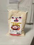 Bag of potato flour with a clear label on a white surface