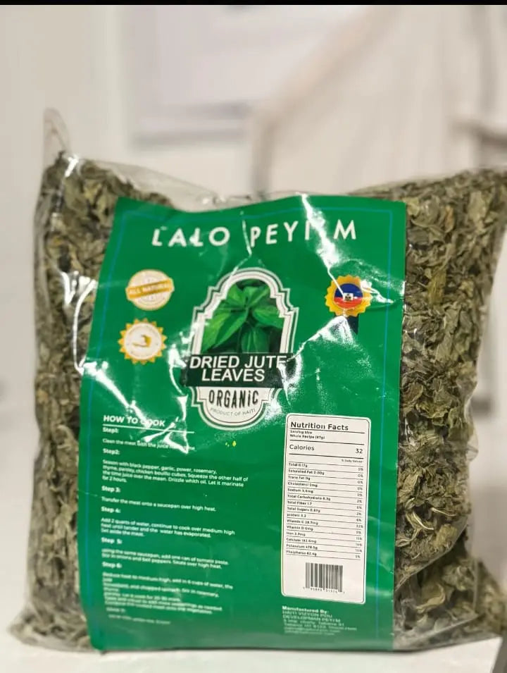 Bag of dried jute leaves with a green label on a white background